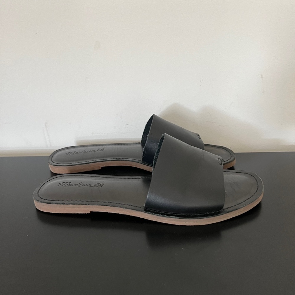 Madewell The Boardwalk Post Slide Sandals in Black Leather